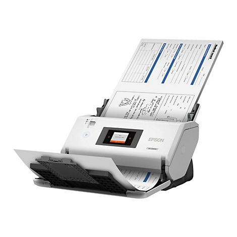 Ein weißer Epson-Dokumentenscanner scannt ein medizinisches Dokument mit handschriftlichen Notizen. Das Display zeigt 'Scannen', 'Seite 1' und 'einseitiges Scannen'.