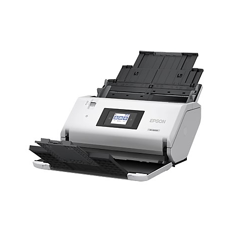 Weißer Epson Scanner, offene Fächer. Bedienfeld mit Symbolen. Epson Logo.