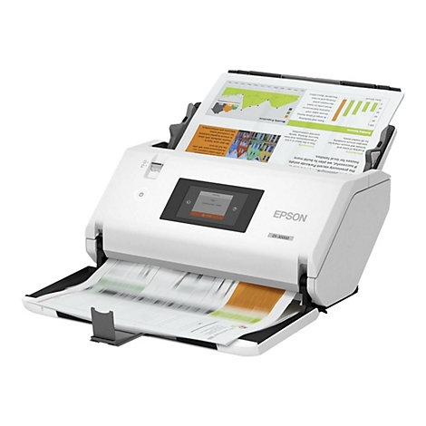 Weißer Epson-Scanner mit eingescannten Dokumenten, einem Touchscreen und dem Logo des Herstellers.