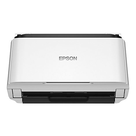 Un scanner blanc avec le nom de la marque EPSON au centre. Le scanner est rectangulaire et se dresse sur un fond blanc.
