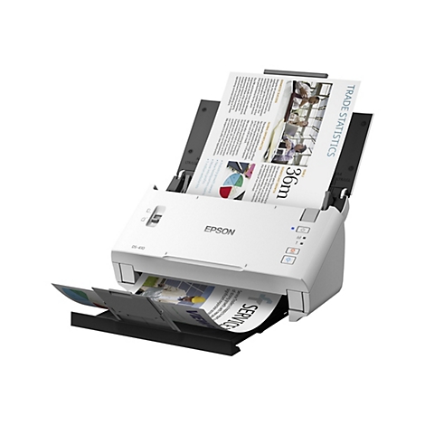Ein weißer Epson-Dokumentenscanner scannt ein Blatt Papier mit Text und Diagrammen. Der Scanner hat ein offenes Fach zum Einlegen der Dokumente und ein offenes Fach zum Ausgeben der gescannten Blätter.