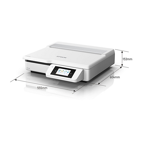 Weißer Epson Dokumentenscanner DS-32000WN mit Touchscreen und Maßangaben in Millimetern.
