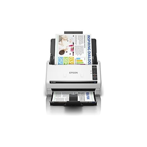 Scanner Epson blanc avec documents numérisés, dont un avec des diagrammes.