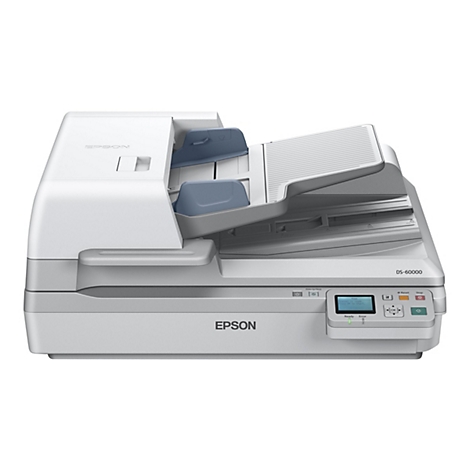 Un scanner Epson blanc, modèle DS-60000. Le couvercle est ouvert. Le petit écran affiche : Le scanner est prêt, appuyez sur OK pour démarrer.
