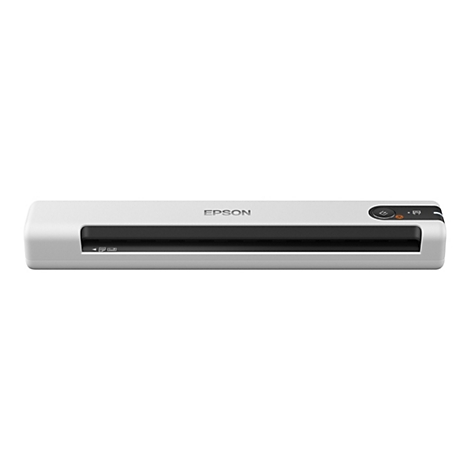 Ein weißer, länglicher Epson-Scanner. Auf der Oberseite befindet sich der Schriftzug "EPSON". Links und rechts sind Tasten und Symbole zu sehen.
