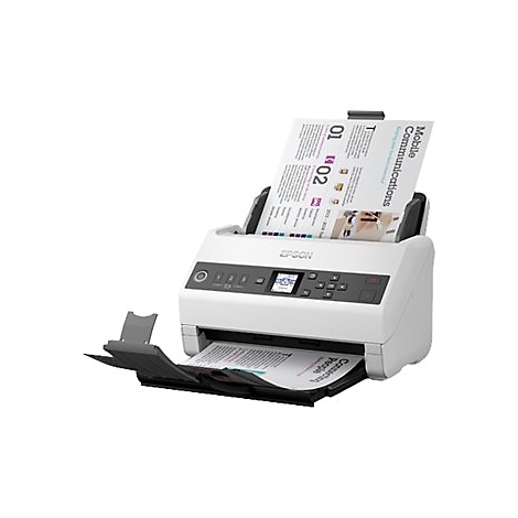 Un scanner blanc avec du papier inséré. Sur le dessus, une feuille indique "Mobile Communications". Une image est affichée sur l'écran.