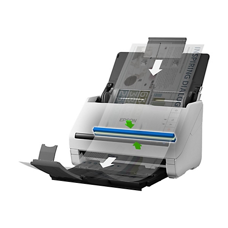 Un scanner Epson gris numérise un document. Le papier est inséré par le haut et sorti par le bas. Ligne bleue et flèche verte.