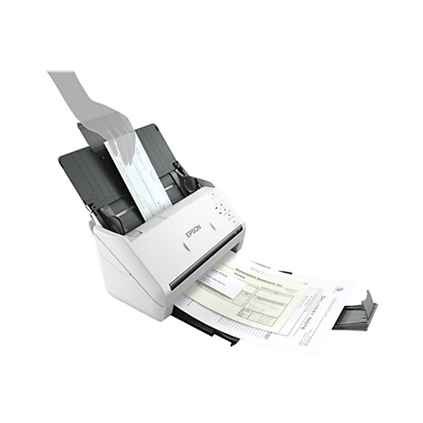 Ein weißer Epson-Scanner, der ein Scheck und andere Dokumente scannt, die aus dem Gerät herausfallen.