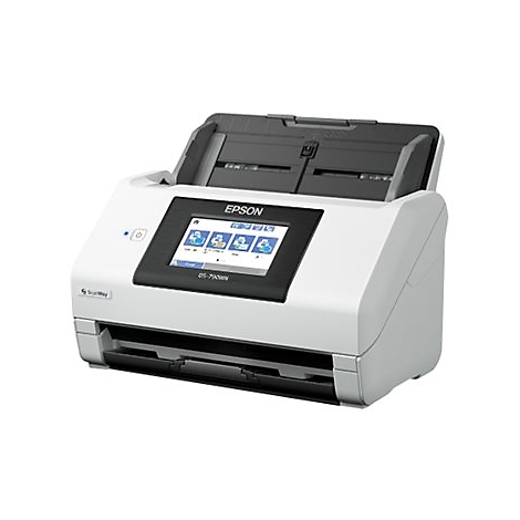 Un scanner Epson blanc avec couvercle relevé, écran tactile et logo "Epson".