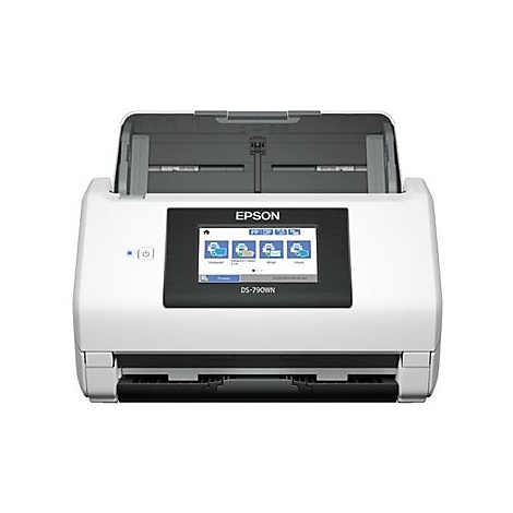 Un scanner Epson blanc, modèle DS-790WN. Il possède un écran avec des icônes et des boutons.