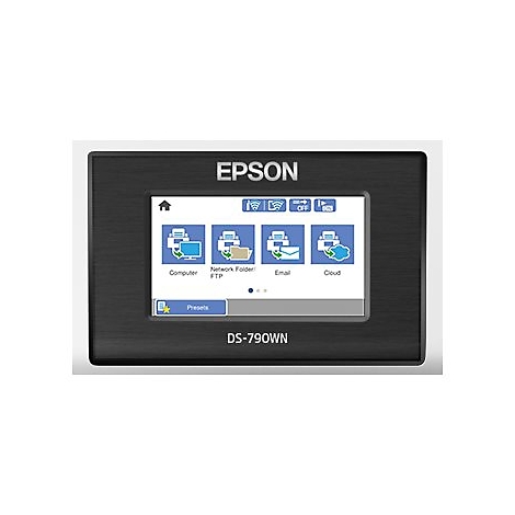 Détail du scanner Epson, montrant le panneau de commande tactile et les options affichées.
