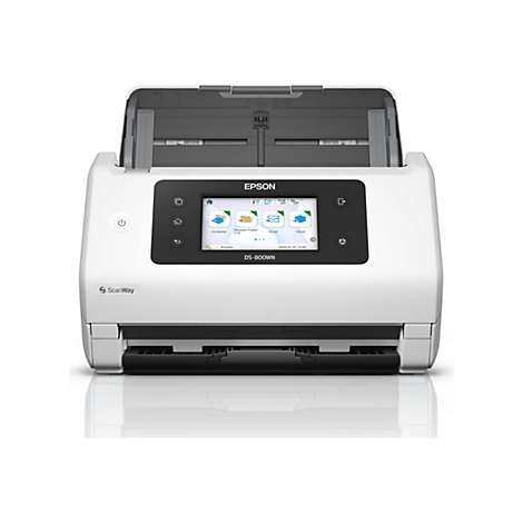 Scanner Epson blanc. Panneau de commande noir avec Ã©cran tactile. Couvercle supÃ©rieur ouvert. IcÃ´nes de numÃ©risation sur l'Ã©cran.