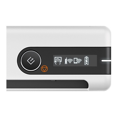 Nahaufnahme eines weißen, schwarzen Geräts mit Bedienfeld und Symbolen: Akku, WLAN, Hände, Router.