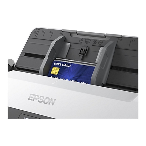 Scanner Epson avec carte EDPS insérée. Alimentation grise, en dessous zone blanche avec logo Epson.