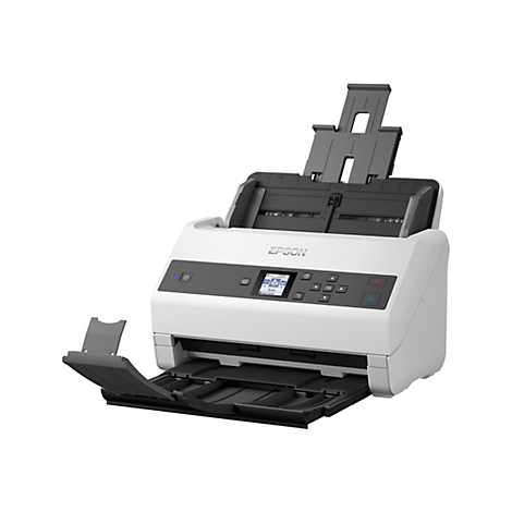 Un scanner Epson blanc et noir avec des bacs à papier ouverts et un panneau de commande.