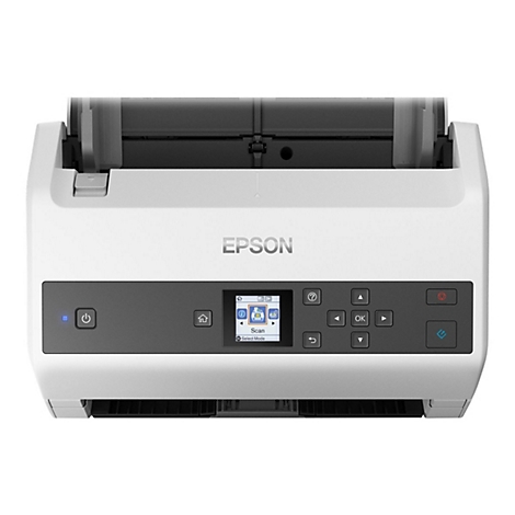 Draufsicht auf einen weißen Epson-Multifunktionsdrucker mit Bedienfeld, Tasten und Bildschirm.