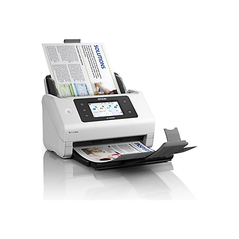 Ein weißer Epson-Scanner, der ein Blatt mit Text und Bildern einzieht. Oben liegt ein weiteres Blatt mit dem Logo 'Solutions'.