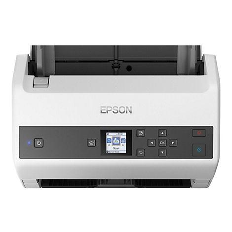 Weißer Epson-Scanner mit schwarzem Bedienfeld und Logo. Bildschirm zeigt Scan-Optionen.