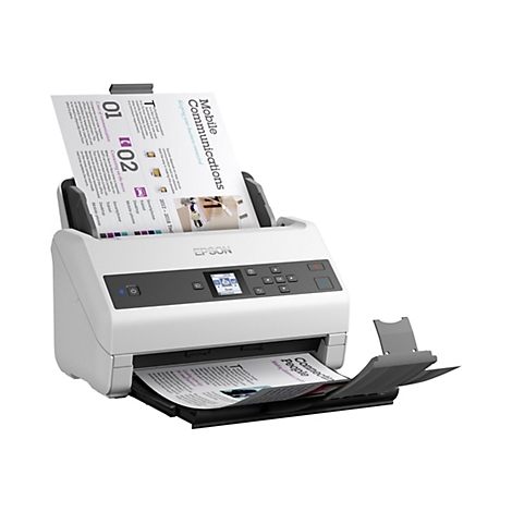 Ein weißer Epson-Scanner mit einem eingezogenen Blatt Papier, das gescannt wird. Auf dem Display-Bildschirm wird "Scan" angezeigt. Daneben befinden sich Navigations- und Funktionstasten.