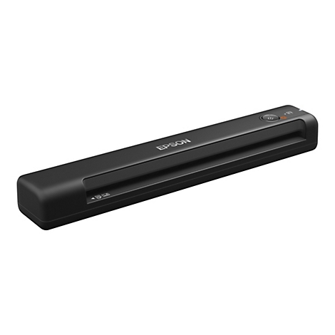 Un scanner Epson noir, oblong, avec des boutons de commande, est posé sur un fond blanc.