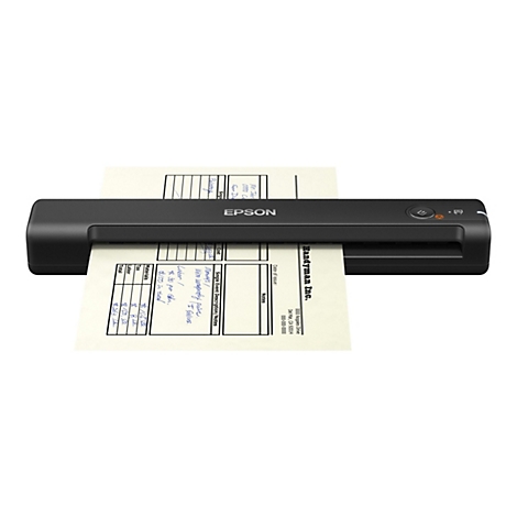 Ein schwarzer Epson-Scanner scannt ein Blatt Papier mit handschriftlichen Notizen. Das Papier ist teilweise in den Scanner eingelegt.