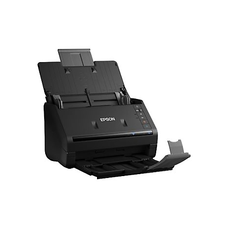Schwarzer Epson-Scanner mit offenem Deckel. Auf der Vorderseite ist das Epson-Logo zu sehen.