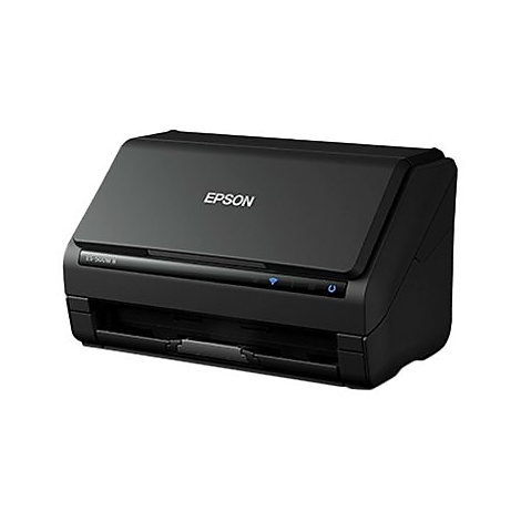 Schwarzer Flachbettscanner von Epson mit blauem Wifi-Symbol und Power-Knopf.