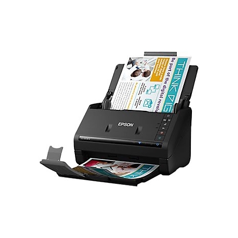 Schwarzer Scanner mit zwei eingelegten Papieren. Auf einem Papier steht THINK BIG.
