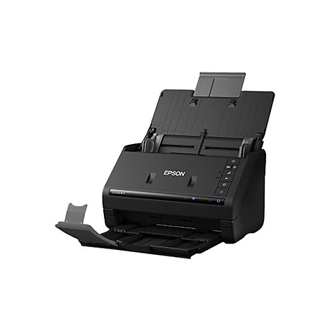 Schwarzer Epson-Scanner mit geÃ¶ffnetem Deckel und Papiereinzug. Auf der Vorderseite sind KnÃ¶pfe und das Epson-Logo zu sehen.
