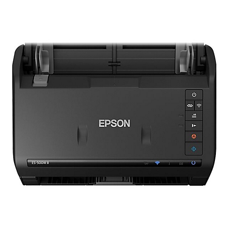 Ein schwarzer Epson-Scanner mit Bedienelementen und blauem WLAN-Licht.