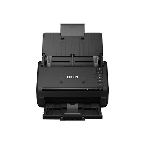 Schwarzer Epson-Scanner mit geöffneter Abdeckung. Oben ist ein Papiereinzug zu sehen. Unten ein Ausgabefach. Auf der Vorderseite stehen Bedienknöpfe und das Epson-Logo.