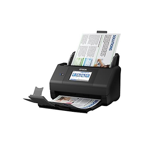 Scanner noir avec papier inséré. L'appareil a un écran et le logo Epson.