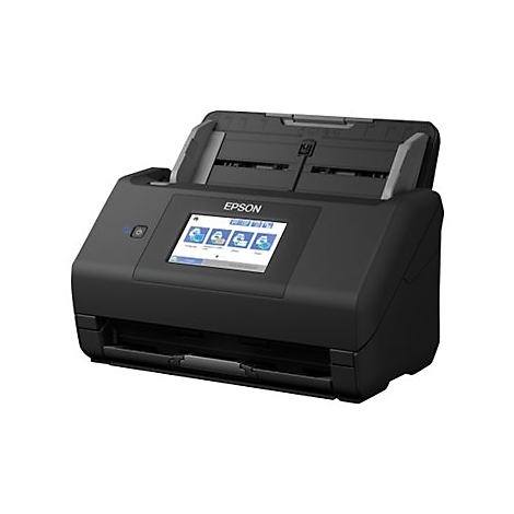Scanner Epson noir avec couvercle ouvert. L'écran affiche des icônes et le logo Epson.