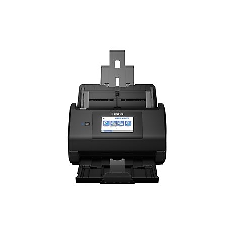Schwarzer Dokumentenscanner mit Display und Papierzufuhr. Oben ist ein Papierträger erkennbar. Das Epson Logo ist sichtbar.