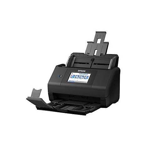 Schwarzer Epson-Scanner mit geöffneten Ein- und Ausgabefächern und aufgestelltem Papierhalter.