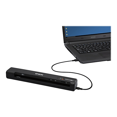 Ein schwarzer Epson-Scanner, der über ein USB-Kabel mit einem schwarzen Laptop verbunden ist. Auf dem Laptop-Bildschirm sind Ordnersymbole zu sehen.