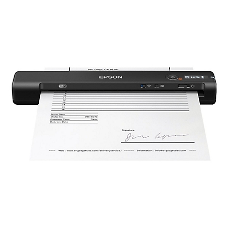 Schwarzer Epson-Drucker druckt ein Dokument. Das Papier ist mit Linien, Überschriften und einer Unterschrift versehen.
