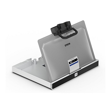 Epson Tintenzufuhreinheit in Silber und Weiß mit schwarzem Griff vor weißem Hintergrund.
