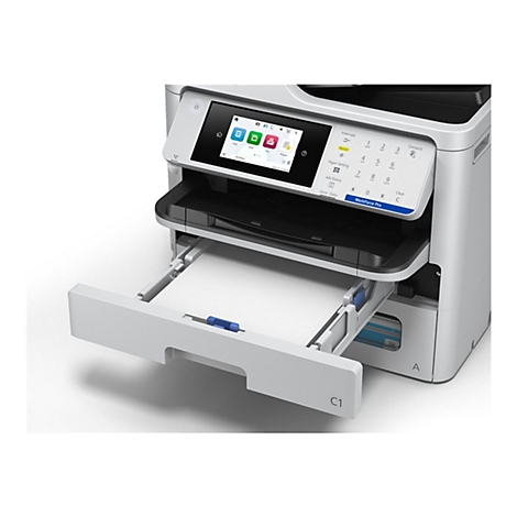 Ein grauer Drucker mit geöffneter Papierablage, Bedienfeld und Touchscreen-Display mit Symbolen und Text.