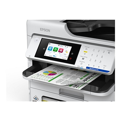 Nahaufnahme eines Epson Workforce Pro Druckers mit Touchscreen-Display und ausgedrucktem Dokument im Ausgabefach.