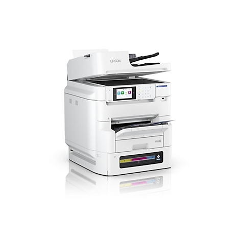 Weißer Epson-Multifunktionsdrucker. Obere Abdeckung offen, Touchscreen-Display, Bedienfeld. Farbdarstellung der Tintenpatronen unten rechts.