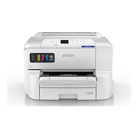 Weißer Drucker, Ansicht von vorne. Epson-Logo und 'WorkForce Pro' auf dem Gerät.