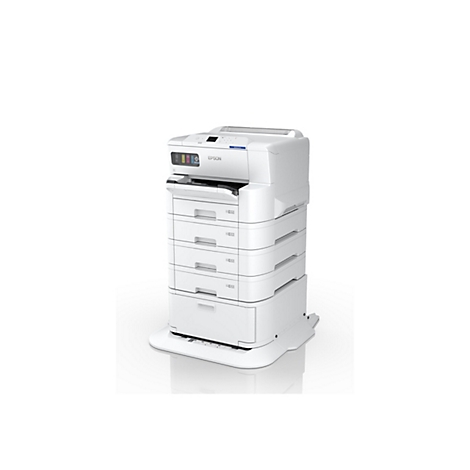 Weißer Drucker mit vier Schubladen auf weißem Grund. Auf dem Gerät steht "Epson".