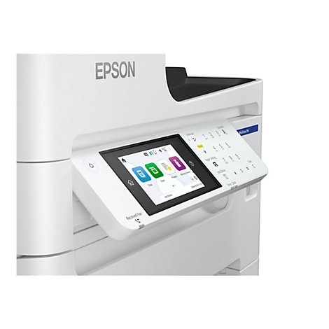 Gros plan sur une imprimante multifonction Epson blanche avec écran tactile et boutons. Des options comme 'Copier' et 'Scanner' sont visibles.