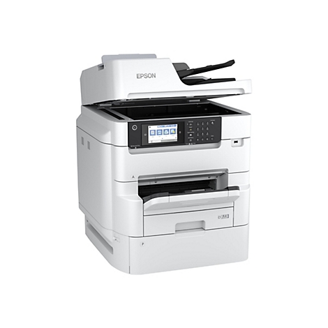 Weißer Epson Multifunktionsdrucker, Scannerabdeckung geöffnet, Bedienfeld mit Display.