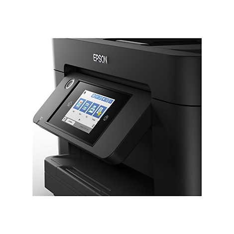 Nahaufnahme des digitalen Touch-Displays eines schwarzen Epson-Druckers mit Menüsymbolen.