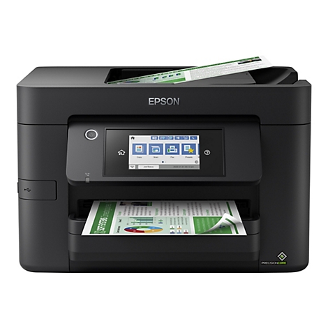 Schwarzer Epson Multifunktionsdrucker vor weißem Hintergrund mit bedrucktem Papier im Ausgabefach.