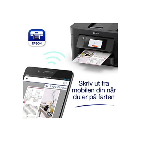 Ein schwarzer Epson-Drucker empfängt Druckaufträge kabellos von einem Smartphone.