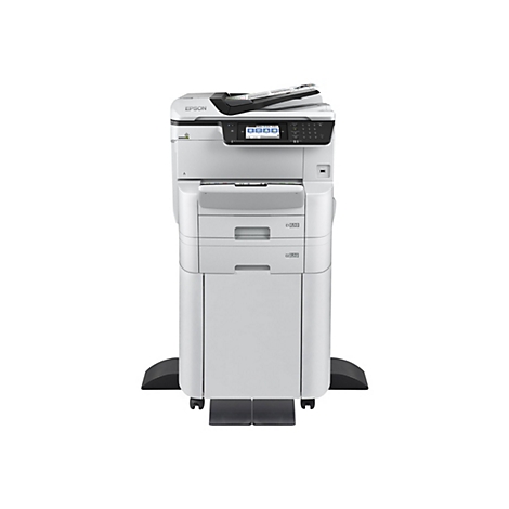Ein weißer Epson Multifunktionsdrucker mit Touchscreen-Display, Papierfächern und Dokumenteneinzug auf weißem Grund.