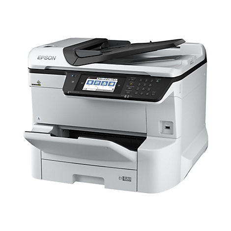 Weißer Epson Multifunktionsdrucker vor weißem Hintergrund mit Touchscreen-Display und offenem Papierfach.